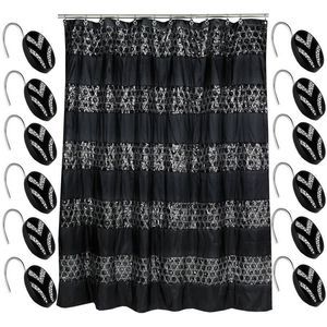 Popular Bath Sinatra Black 70 x 72 Bathroom Fabric Shower Curtain & Hook Set